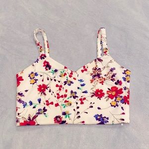 Express v-neck spaghetti strap white and red floral crop top with back cutout XS
